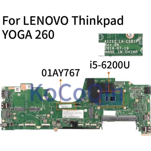 KoCoQin Laptop motherboard For LENOVO Thinkpad YOGA 260 SR2EY i5-6200U Mainboard LA-C581P 01AY767