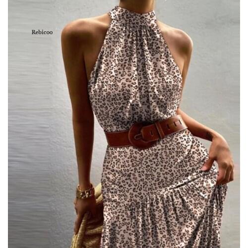 Fashion Off Shoulder Sleeveless Dress Elegant Sexy Leopard Printing Women Halter Dress Summer Ladies A-Line Party Dresses
