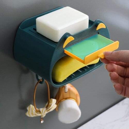 Cartoon Soap Dish Double-layer Soap Drain Rack Punch-free Detachable Bathroom Storage Rack With Hook Wall Mounted Sponge Holder