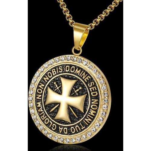 Retro Knights Templar Pendant Iron Cross Mens Necklace 24Inch Chain Biker Maltese Cross Rhinestone Necklace Punk Jewelry