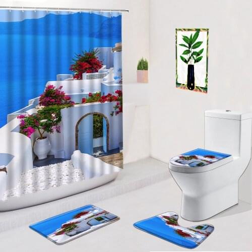 Greece Beach Building Landscape Shower Curtains 4-Piece Set Flower Ocean Flannel Anti-Slip Bath Mat Toilet Carpet Rug Home Decor