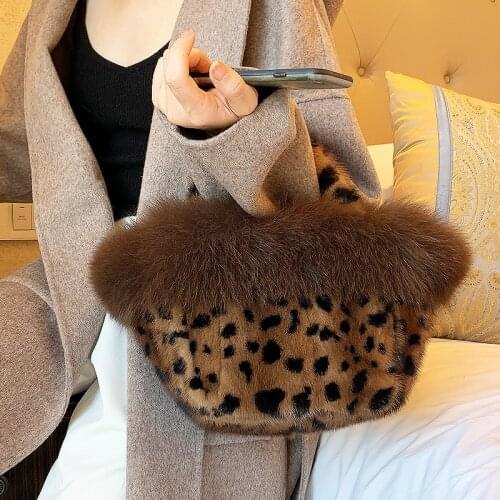 2020 New Winter Mink Fur Handbag Casual Ladies Fur Basket Bag Women Real Mink Fur Wrist Bag Leopard Fashion