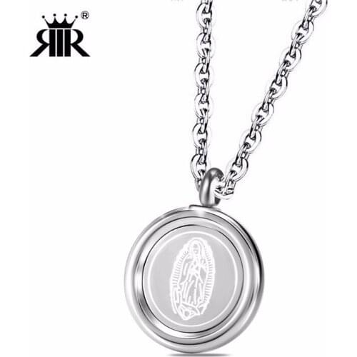 RIR Simple Style Virgin Mary Round Religious Pendant Necklace Stainless Steel Catholic Ladies Jewelry Necklaces