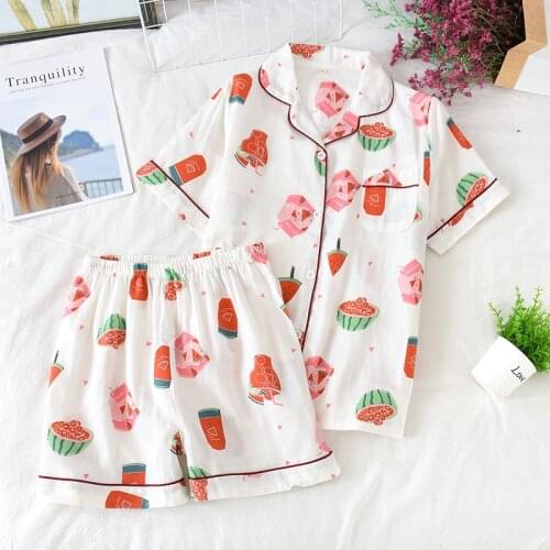 Summer Womens Pajamas Cotton Double-Layer Gauze Print Lapel Cardigan Short-Sleeved Shorts Female Set Japanese Sweet Homewear