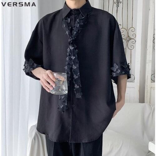 VERSMA Korean Ulzzang Butterfly Decoration Tie Design Shirt Men Women Blouse Summer Thin Casual Social Shirts Male Dropshipping