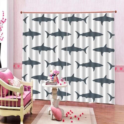 Gray Cartoon Shark 3D Blackout Curtain Digital Print For Childrens room Bedroom Sunshade Window Drapes 2 Panels With Hooks