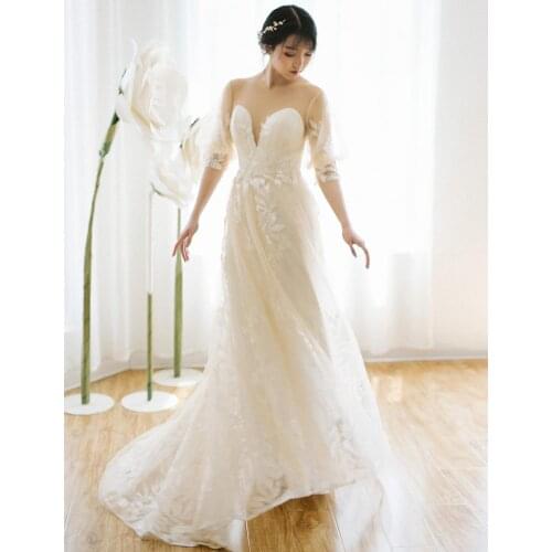 A Line Half Sleeve Wedding Bridesmaid Dress Long Sheer Back Sweetheart Seaside Fairtale Evening Wedding Dress For Guest 1700