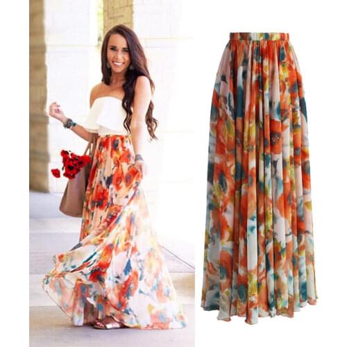 Womens Chiffon Boho Skirt Floral Print High Waist Long Skirt Spring Autumn Ladies Flared Pleated Beach Skirt
