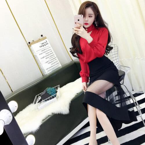 Women 2021 Spring Fashion Two-piece Suits Female V-neck Pullover Shirts Ladies High Waist Mesh Patchwork Slim Skirts Sets E334