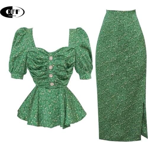 French Green Sexy Women Short Sleeve Tops And Midi Slinky Skirts Beach Vacation Summer Chic Floral Printed Two Piece Set Suits