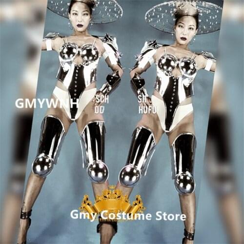 K43 Singer silver mirror robot suit women stage wears armor dresses dj headwear led costumes luminous outfit clothe party suit