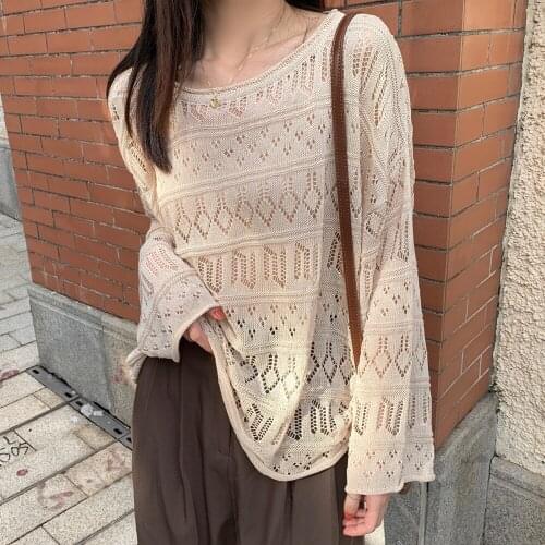 2021 Vintage Hollow Out Sweater Women Chic Korean Spring Autumn Long Sleeve Loose Pullover Sweaters Knitted Sweater Pull Femme