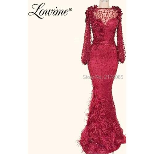 Feather Beading Formal Gowns Evening Dress Mermaid Long Sleeves Arabic Muslim Middle East Women Party Dress 2019 Long Prom Dress