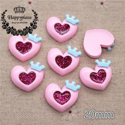 20pcs 20mm Kawaii Resin Glitter Filled Pink Heart with Crown Flatback Cabochon Art Supply Decoration Charm Craft DIY Accessories