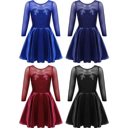 Girls Ballet Tutu Dress Kids Gymnastics Tulle Leotards Semi See Through Mesh Ballet Costumes Roller Skating Dresses Long Sleeves