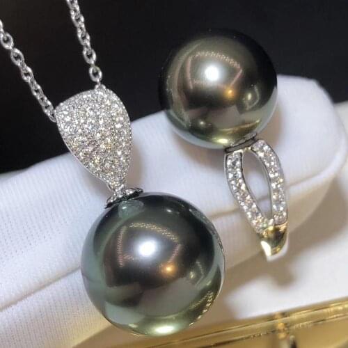 D419 Pearl Set Fine Jewelry Solid 18k Gold Round 10-12mm Natural Ocean Sea Water Tahiti Black Pearls Sets for Women Presents