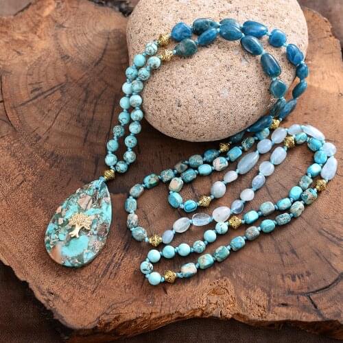 Life Tree Charm Waterdrop Imperial Stones Pendant Necklace Handmade Knotted Beaded Long