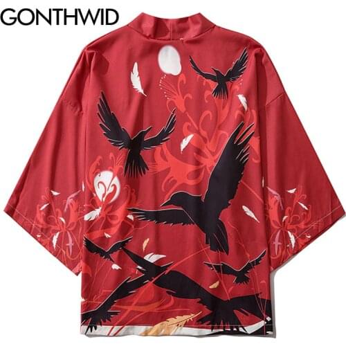 GONTHWID Ravens Print Front Japanese Open Kimono Cardigan Kimono Shirts Jackets Streetwear Men Hip Hop Harajuku Summer Coat Tops