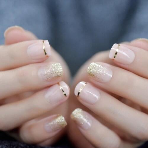 Short Glitter Natural False Nail Golden Rim Cute Elegant Pre-designed Finger Nails Round Natural Shiny Nail Tips