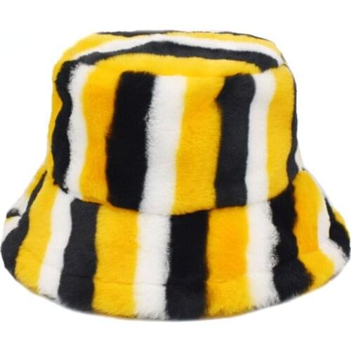 New Yellow Black Striped Winter Warm Fisherman Hat Rainbow Rabbit Fur Bucket Hats Men Women Windproof Streetwear Panama Cap