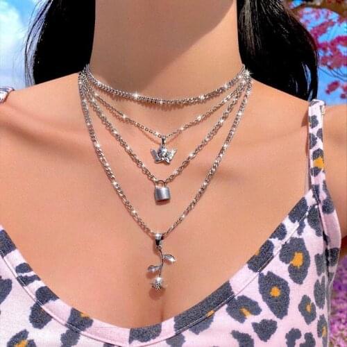 4 Pcs/Set Sweet Angel Lock Rose Pendant Necklace Set Fashion Multilayer Necklace for Women Party Charm Jewelry Accessories