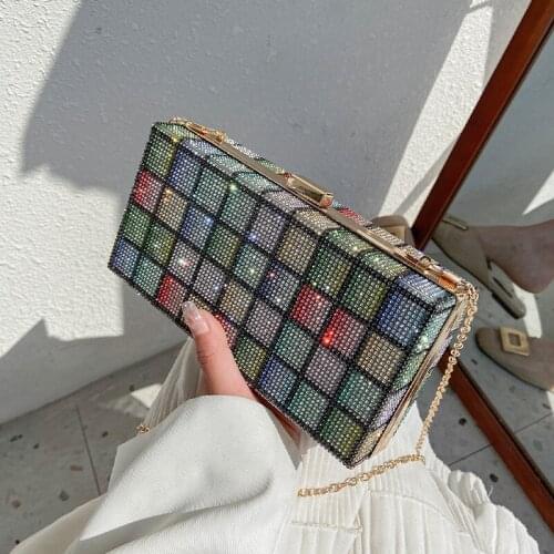 Chic Cubic Shape Box Women Handbags Designer Chains Tote Luxury Rhinestone Messenger Bag Ladies Personality Small Purses 2021