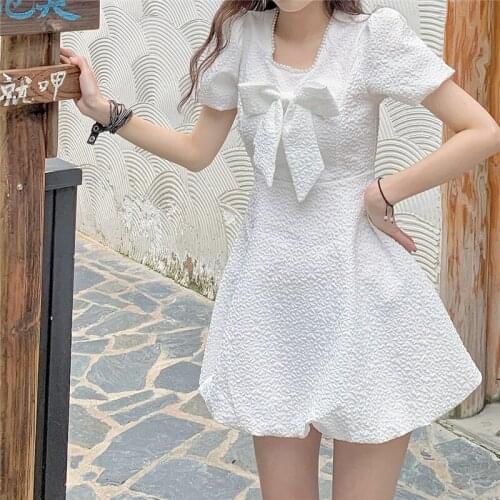 Japanese Summer Girls Mini Lolita Dress Women Square Collar French Puff Sleeve White Dress Cute Kawaii Bow Retro Sundress Loli