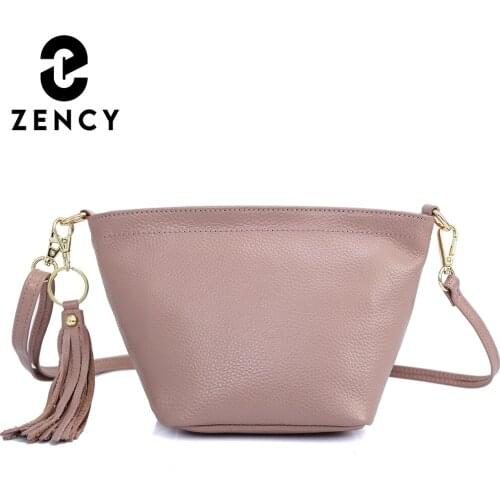 Zency 2021 New Genuine Leather Fashion Tassel Small Women Crossbody Bag Simple Casual Retro Girl Shoulder Bags Bucket Female