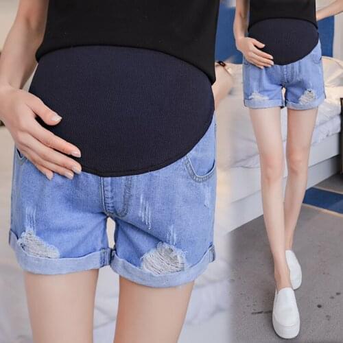 Hole Rolled Up Denim Maternity Shorts High Waist Adjustable Belly Short Jeans Clothes for Pregannt Women Pregnancy clothing new