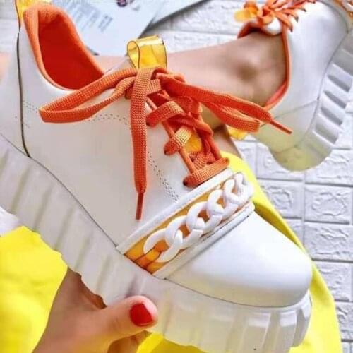 Women Casual Flat Sneakers Ladies Round Toe Thick Soled Chain High Quality Outdoor Lace Up Walking Sports Shoes Plus Size 36-43