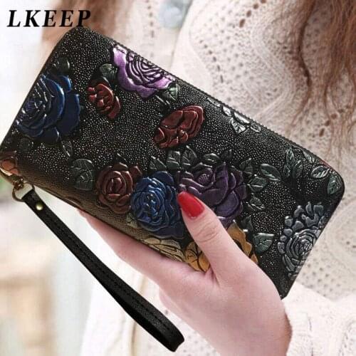 Women Long Wallet Leather 3D Embossing Rose Dragonfly Butterfly Lady Clutch Bag Large Capability Female Zipper Purse