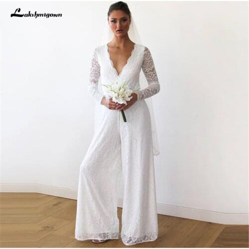White Lace Women Jumpsuits Boho Wedding Dresses Long Sleeve V-Neck Bride Reception Jumpsuit Bridal Pantsuits Vestido De Noiva