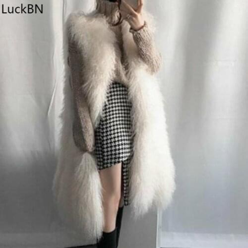 Women Fur & Faux Autumn Winter Long Vest Coat White Black Furry Coats Solid Color Cardigan Vest Warm Velvet Sleeveless Jackets