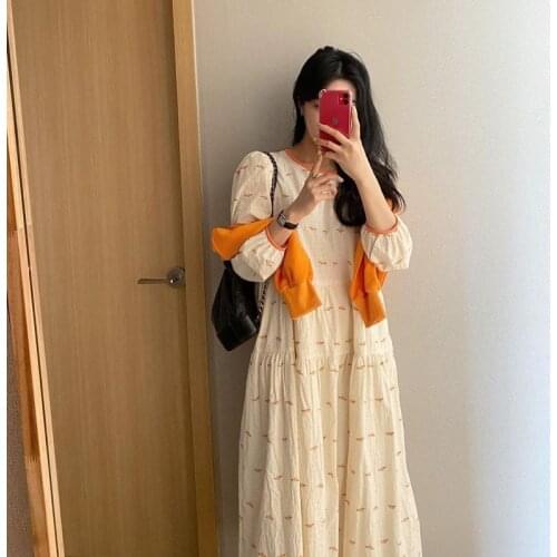 2021 Summer Korean Chic WomenS Dress Elegant Loose O Neck Contrast Cartoon Embroidered Pleated Office Ladies' Dress Long Dress