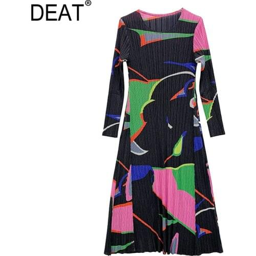 DEAT Pleated Woman Dress Hit Color Geometric Print Round Collar Long Sleeve Long Elegant Casual 2021 New Summer Fashion HT583