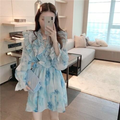 Ladies Chiffon Sweet Style Korean Clothes Dress Elegant Autumn Print Ruffles Dresses for Women Party Fashion Brand Loose New