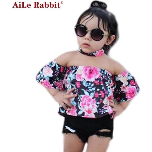 AiLe Rabbit INS New Summer Girls Suits Flower Shirt Shorts 2 Pcs Sets Fashion Kids Tops Hole Pants Street Style Leisure k1