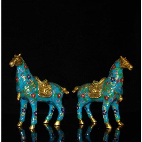 Antique Art Collection Crafts, 1 Pair Chinese Old Pure Copper Cloisonne Horse Sculpture,Home Decoration Handmade Metal Statue