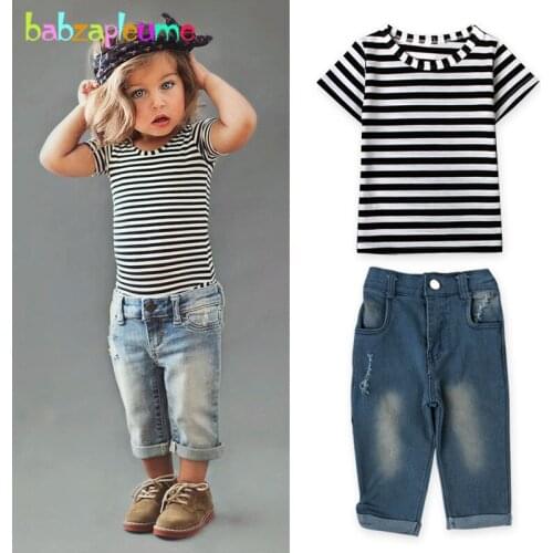 2Piece 2019 Spring Summer Kids Fashion Wear Toddler Girls Clothing Short Sleeve Baby T-shirt+Jeans Children Clothes Set BC1830-1