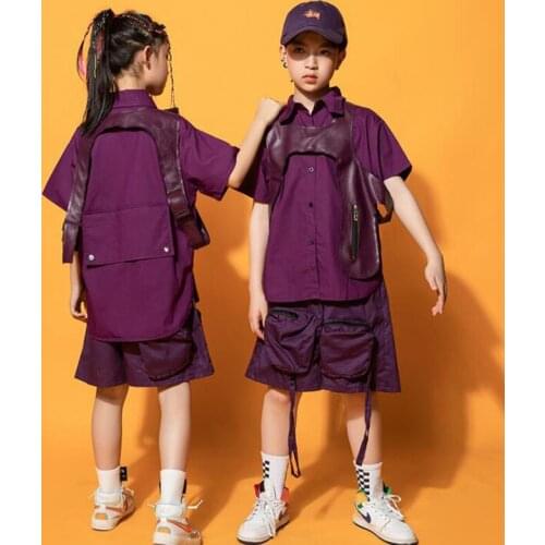 Kids Concert Streetwear Purple Lapel Shirt Tops Casual Shorts with Pockets Hip Hop Clothing for Boys Jazz Dance Costumes Clothes
