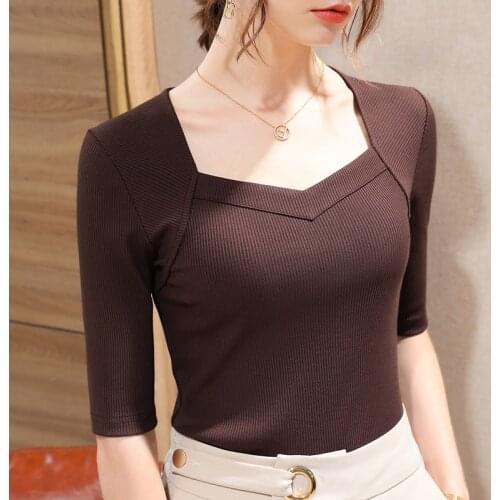 Summer Womens Modal T-Shirt Stretch Comfortable Vintage Square Collar Skinny Sexy Elegant Office Ladies Fashion Urban Tees