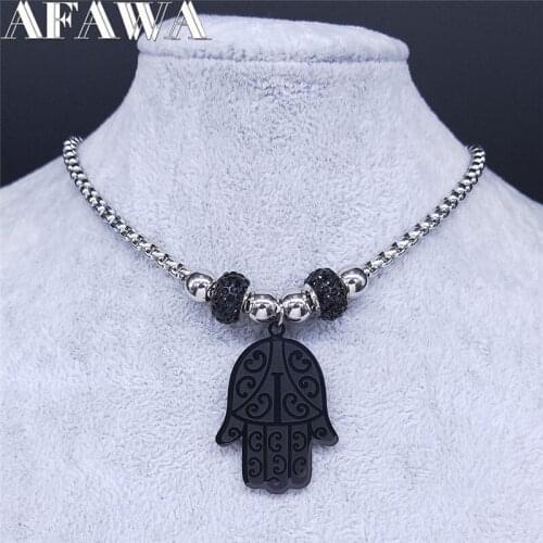 Hamsa Hand Islam Stainless Steel Black Crystal Bead Chocker Necklace Black Color Women Necklaces Jewelry bijoux femme NXS03