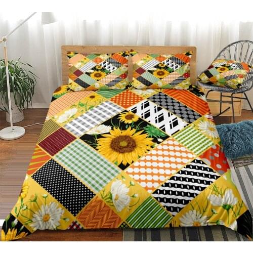 Sunflower Duvet Cover Set White Chamomile Flower Bedding Geometric Patchwork Bed Set Floral Quilt Cover Queen 3pcs Kids Dropship