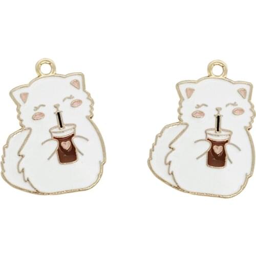 6Pcs/Lot 28x22mm Metal Enamel Cat Charms Cute Cat Drinking Beverage Pendant Accessories For Making Earrings Necklace DIY Jewelry