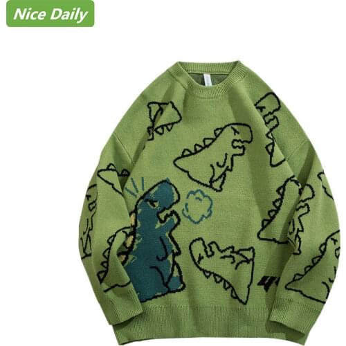 NiceDaily Men Japanese Dinosaur Sweater Cartoon Casual Loose Knitted Pullover O-neck Oversize Casual Couple Male Sweaters Unisex