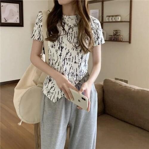 Womens Short Sleeve Tees Irregular Crop Top T Shirt Women 2021 Summer New Tie Dyed Korean Style Tops Bareback Slim Design