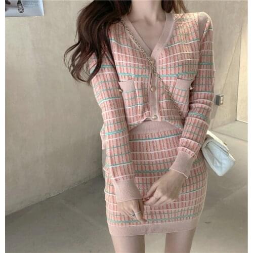 New Spring and Autumn Long-sleeved V-neck Cardigan Hong Kong Style Knit Sweater Jacket Gentle Style Slim Fit Hip Dress Suit
