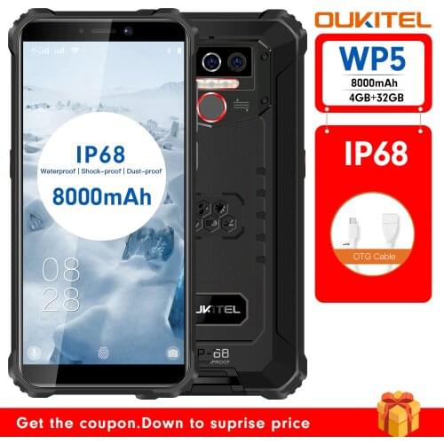 OUKITEL WP5 IP68 Waterproof Android 9.0 Phones 5.5''HD+ 18:9 Quad Core 4GB 32GB 13MP MT6761 8000mAh Tri-proof 5V/2A Mobile Phone