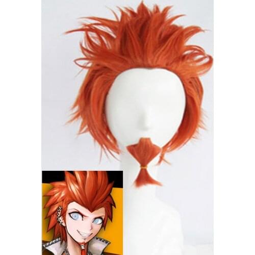 Anime Danganronpa V3 Leon Kuwata Reon Cosplay Wig Style Short Orange Wigs + Beard + Wig Cap