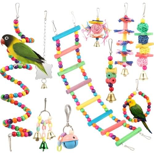 Parrots Toys Colorful Wooden Bridge Beads Bells Swing Chewing Stand Bird Cage Climbing Toy Budgie Pet Supplies Bird Accessories
